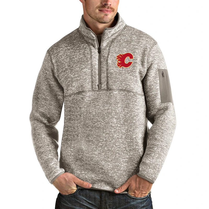 Men's Antigua Oatmeal Calgary Flames Fortune Half-Zip Pullover Jacket