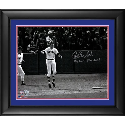 Carlton Fisk Boston Red Sox Framed Autographed 16" x 20" Watching HR Photograph with "Stay Fair! Stay Fair!" Inscription