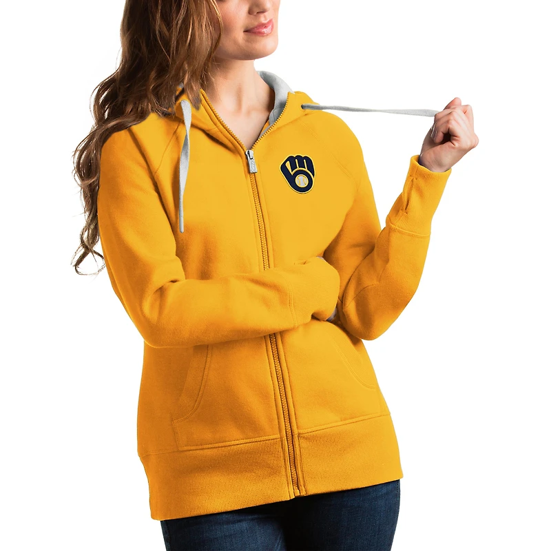 Women's Antigua Gold Milwaukee Brewers Victory Full-Zip Hoodie