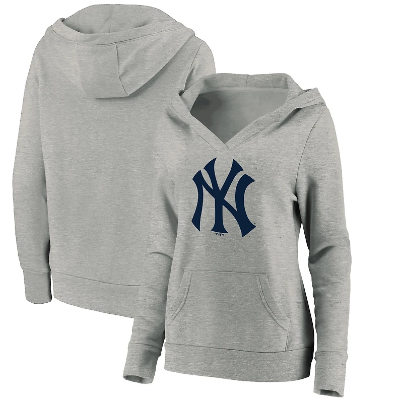 Women's Fanatics Heathered Gray New York Yankees Official Logo Crossover V-Neck Pullover Hoodie