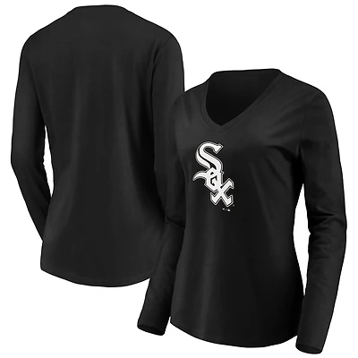 Women's Fanatics Black Chicago White Sox Official Logo Long Sleeve V-Neck T-Shirt