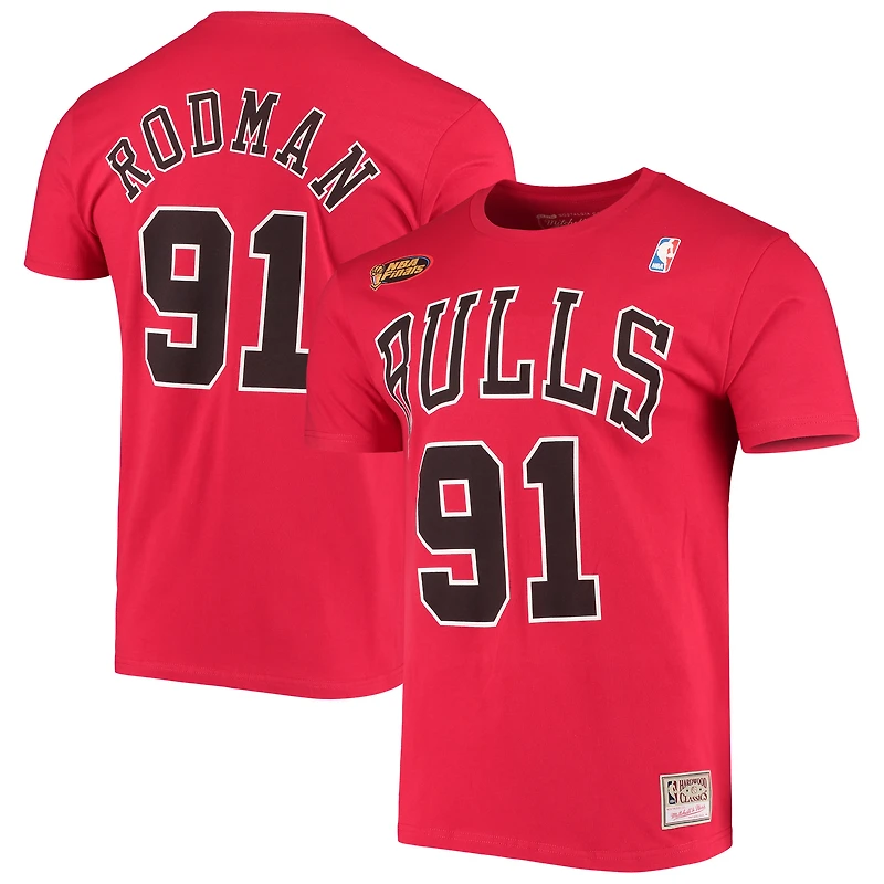 Men's Mitchell & Ness Dennis Rodman Red Chicago Bulls Hardwood Classics Stitch Name & Number T-Shirt