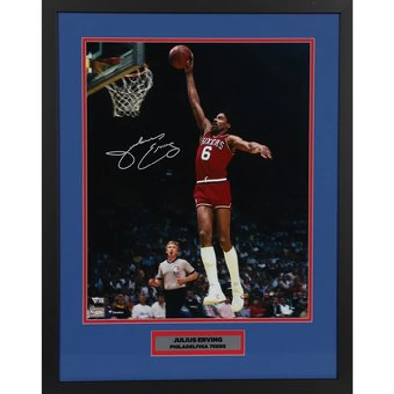 Julius Erving Philadelphia 76ers Framed Autographed 16" x 20" Dunking in Red Jersey Photograph with Nameplate