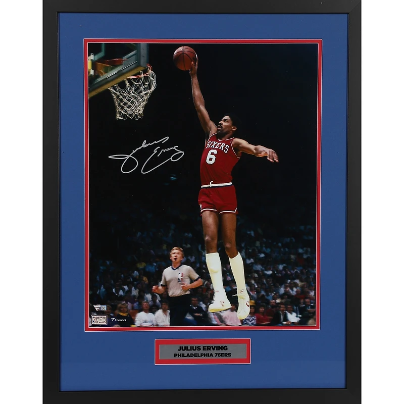 Julius Erving Philadelphia 76ers Framed Autographed 16" x 20" Dunking in Red Jersey Photograph with Nameplate