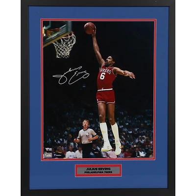 Julius Erving Philadelphia 76ers Framed Autographed 16" x 20" Dunking in Red Jersey Photograph with Nameplate