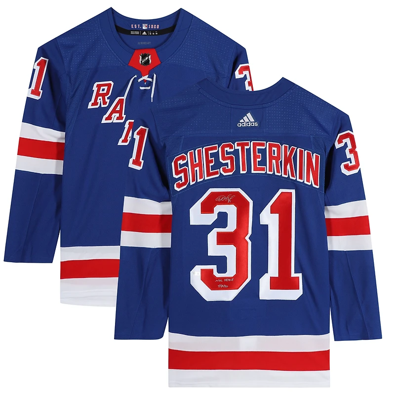 Igor Shesterkin New York Rangers Autographed Blue Adidas Authentic Jersey with "NHL Debut 1/7/20" Inscription