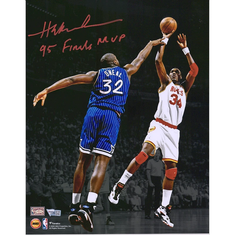 Hakeem Olajuwon Houston Rockets Autographed 11" x 14" Spotlight Shot Over Shaquille O'Neal Photograph with "95 Finals MVP" Inscription