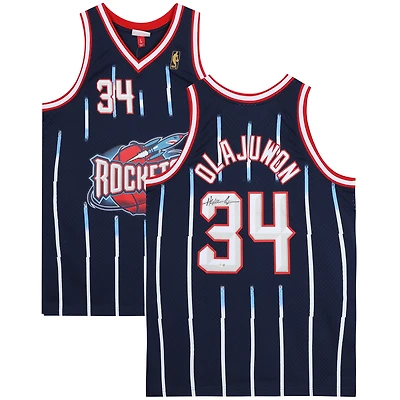 Hakeem Olajuwon Houston Rockets Autographed Spalding Blue Mitchell and Ness Swingman Jersey