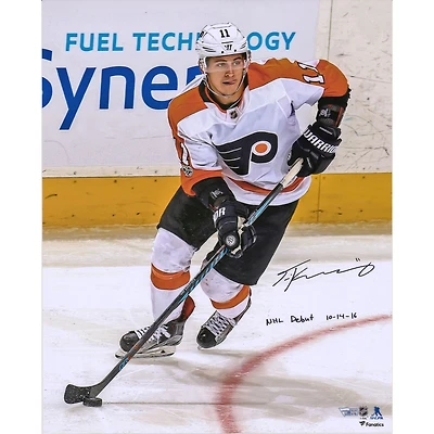 Travis Konecny Philadelphia Flyers Autographed 16" x 20" White Jersey Skating Photograph with "NHL Debut 10-14-16" Inscription