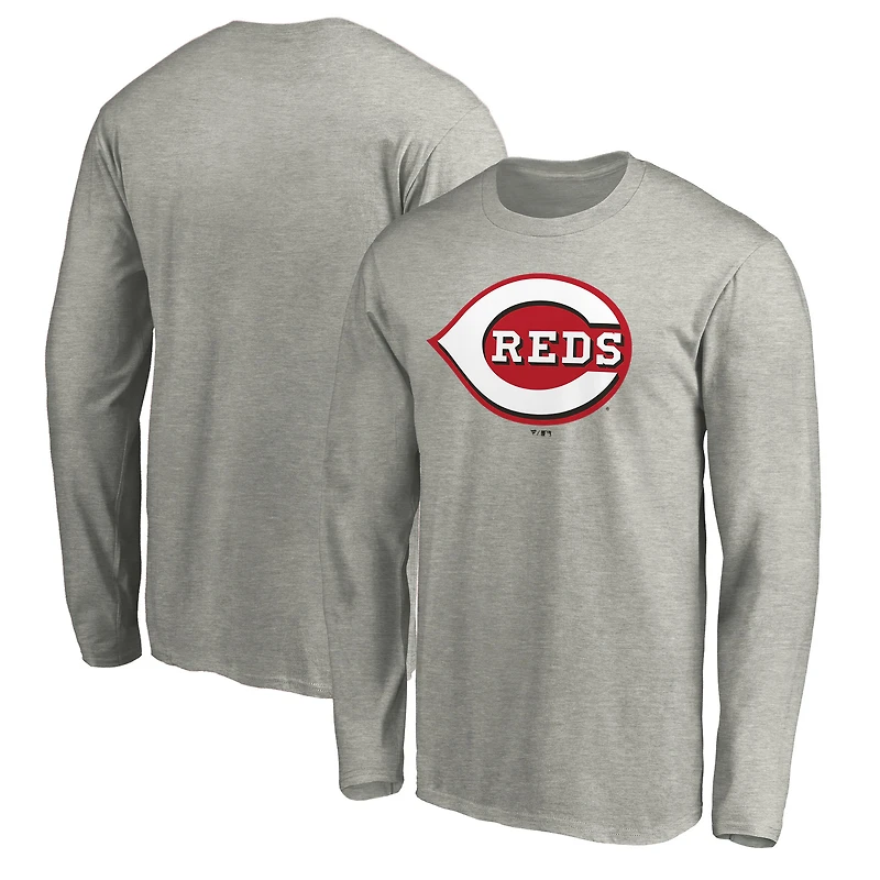 Men's Heather Gray Cincinnati Reds Official Team Logo Long Sleeve T-Shirt