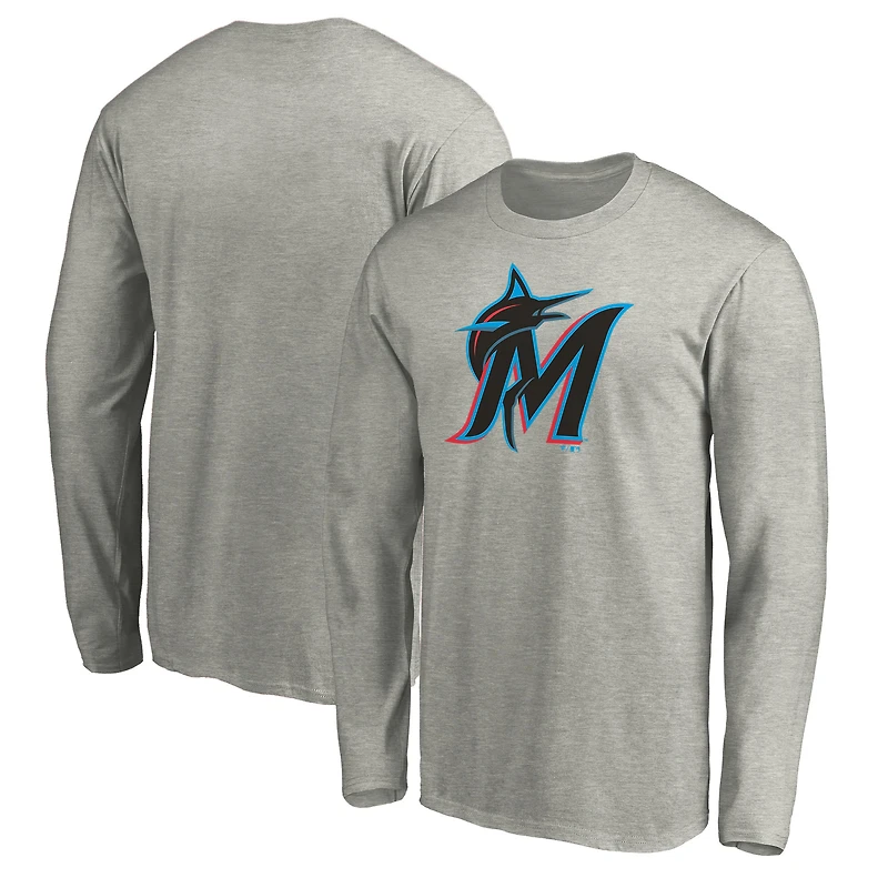Men's Heather Gray Miami Marlins Official Team Logo Long Sleeve T-Shirt