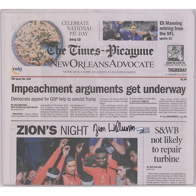 Zion Williamson New Orleans Pelicans Autographed The Times-Picayune Newspaper From Day After Debut 1/23/20