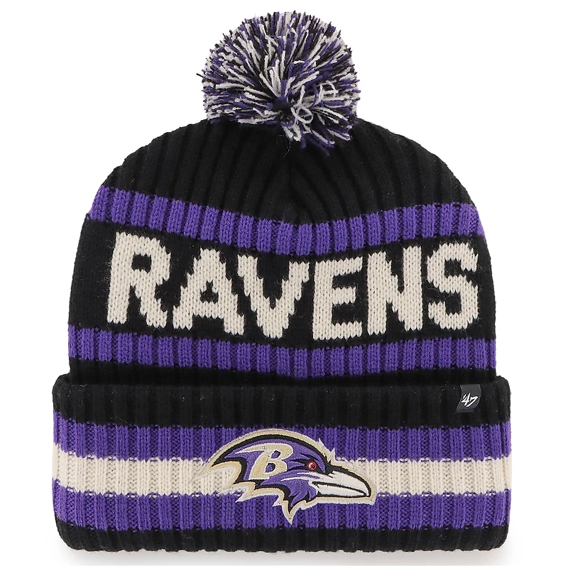 Men's '47 Black/Purple Baltimore Ravens Bering Cuffed Knit Hat with Pom