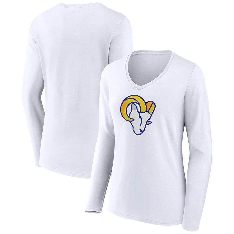 Women's White Los Angeles Rams Primary Team Logo Long Sleeve V-Neck T-Shirt