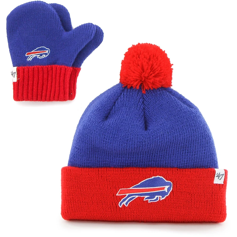 Infant '47 Royal/Red Buffalo Bills Bam Bam Cuffed Knit Hat With Pom and Mittens Set