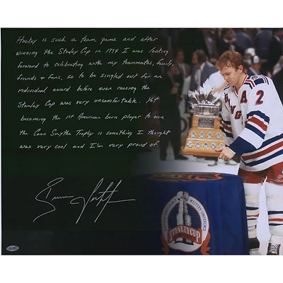 Brian Leetch New York Rangers Autographed 16" x 20" Receiving Conn Smythe Photograph with Story Inscription