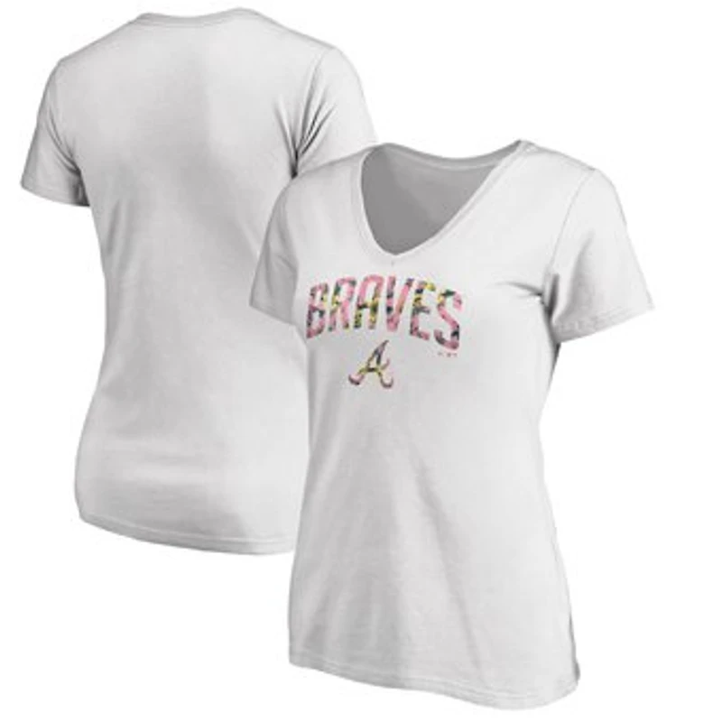 Women's White Atlanta Braves Floral Arched Logo V-Neck T-Shirt