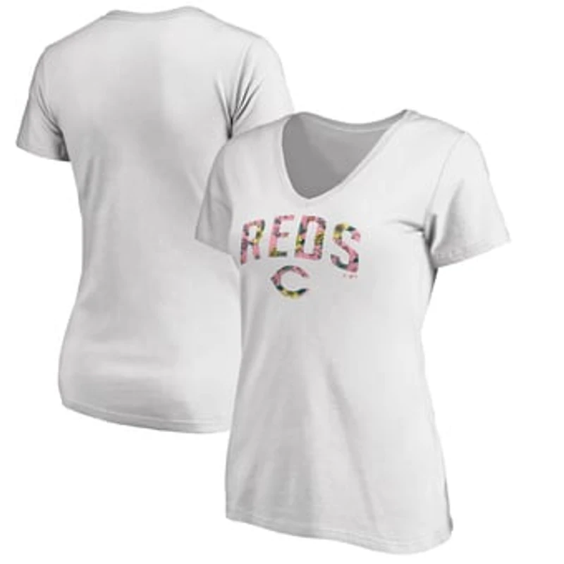 Women's White Cincinnati Reds Floral Arched Logo V-Neck T-Shirt