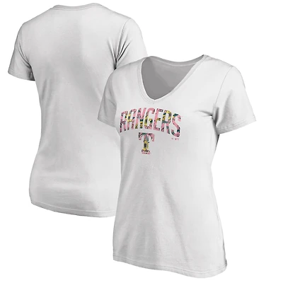 Women's White Texas Rangers Floral Arched Logo V-Neck T-Shirt