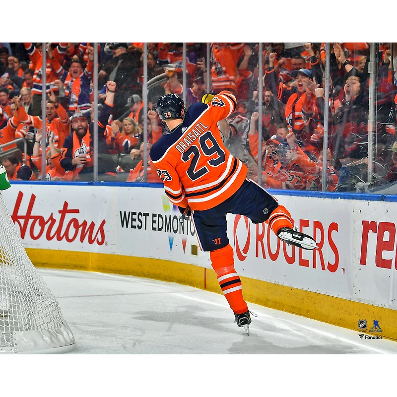 Leon Draisaitl Edmonton Oilers Unsigned Orange Jersey Goal Celebration Photograph