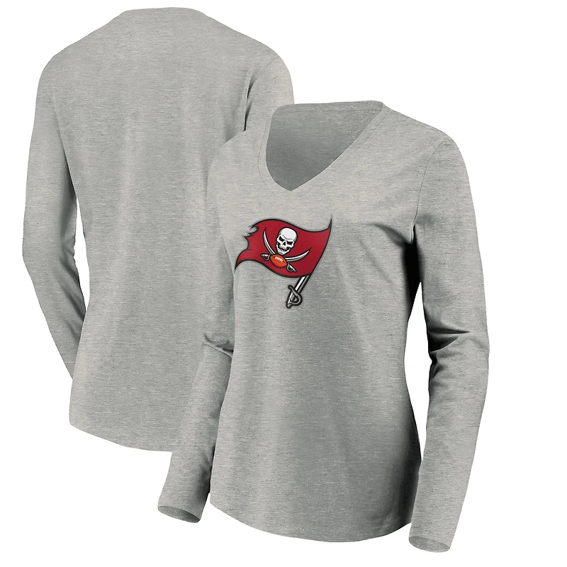 Women's Heather Gray Tampa Bay Buccaneers Primary Logo Long Sleeve V-Neck T-Shirt