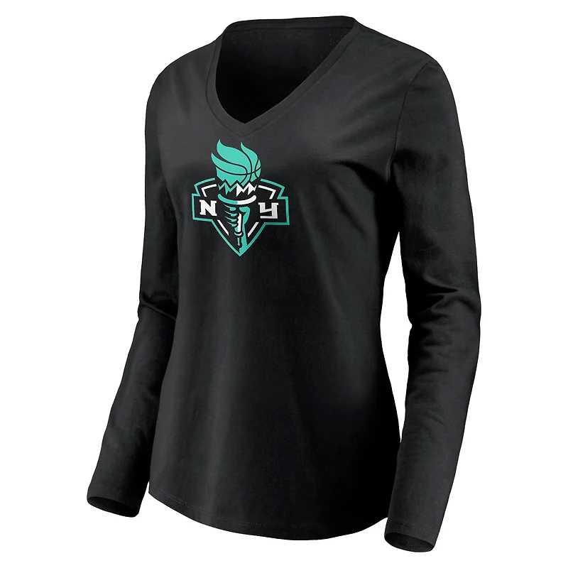 Women's Black New York Liberty Primary Logo Long Sleeve V-Neck T-Shirt