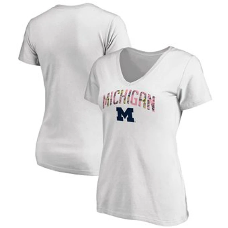 Women's White Michigan Wolverines Floral Arched V-Neck T-Shirt