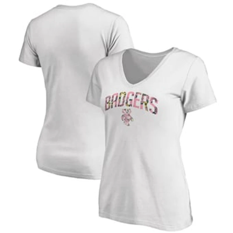 Women's White Wisconsin Badgers Floral Arched V-Neck T-Shirt