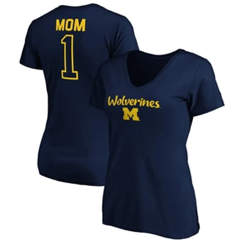 Women's Navy Michigan Wolverines #1 Mom V-Neck T-Shirt