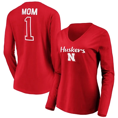 Women's Scarlet Nebraska Huskers #1 Mom Long Sleeve V-Neck T-Shirt