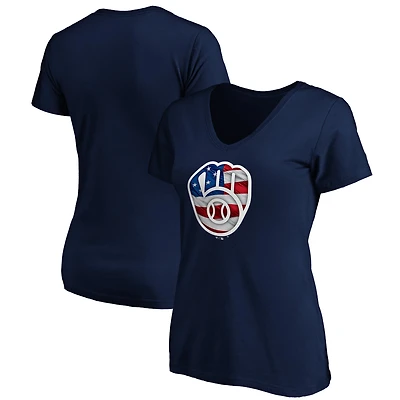 Women's Navy Milwaukee Brewers Logo Banner Wave V-Neck T-Shirt