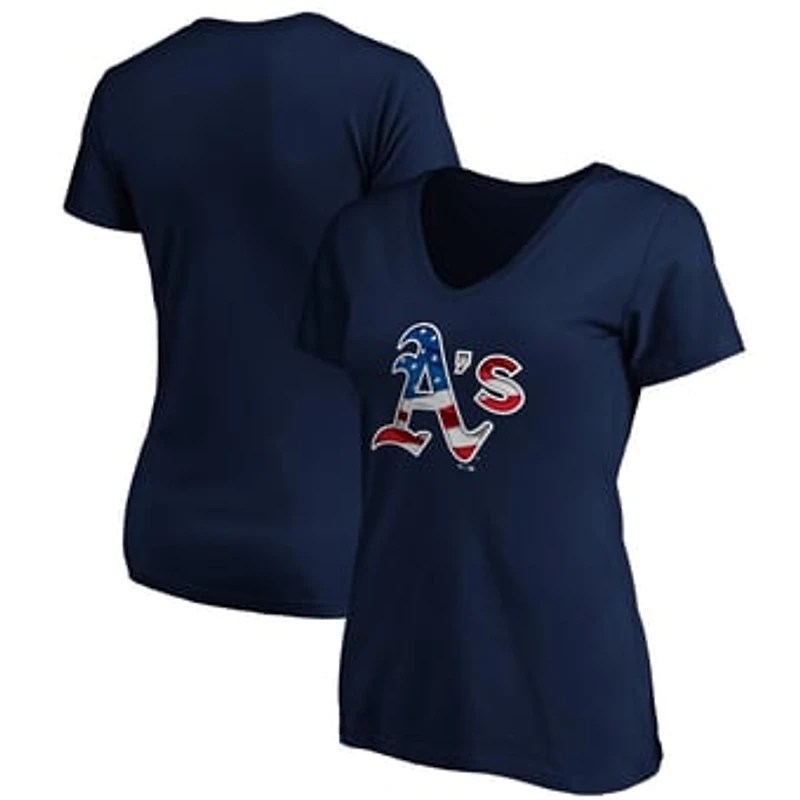 Women's Navy Athletics Logo Banner Wave V-Neck T-Shirt
