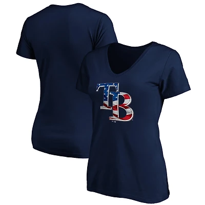 Women's Navy Tampa Bay Rays Logo Banner Wave V-Neck T-Shirt