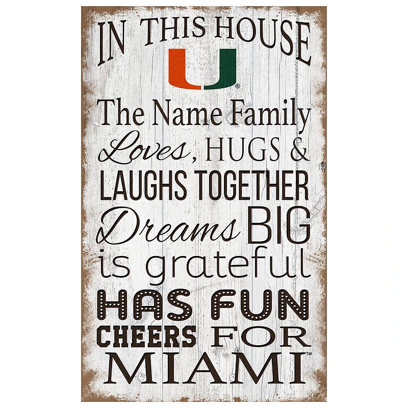 Miami Hurricanes Personalized 11" x 19" In This House Sign