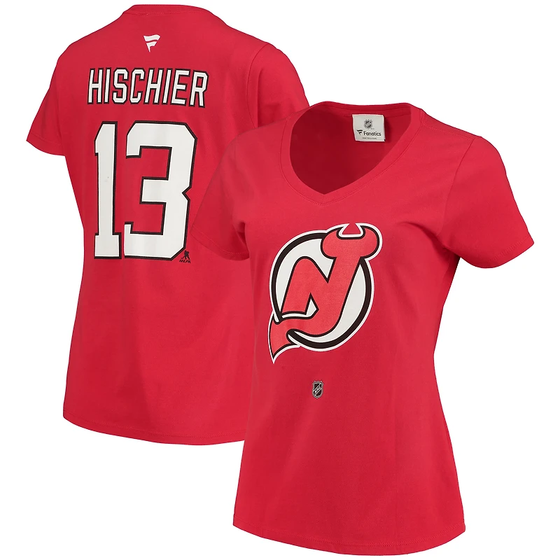 Women's Fanatics Nico Hischier Red New Jersey Devils Name & Number Logo V-Neck T-Shirt