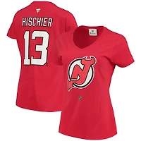 Women's Fanatics Nico Hischier Red New Jersey Devils Name & Number Logo V-Neck T-Shirt