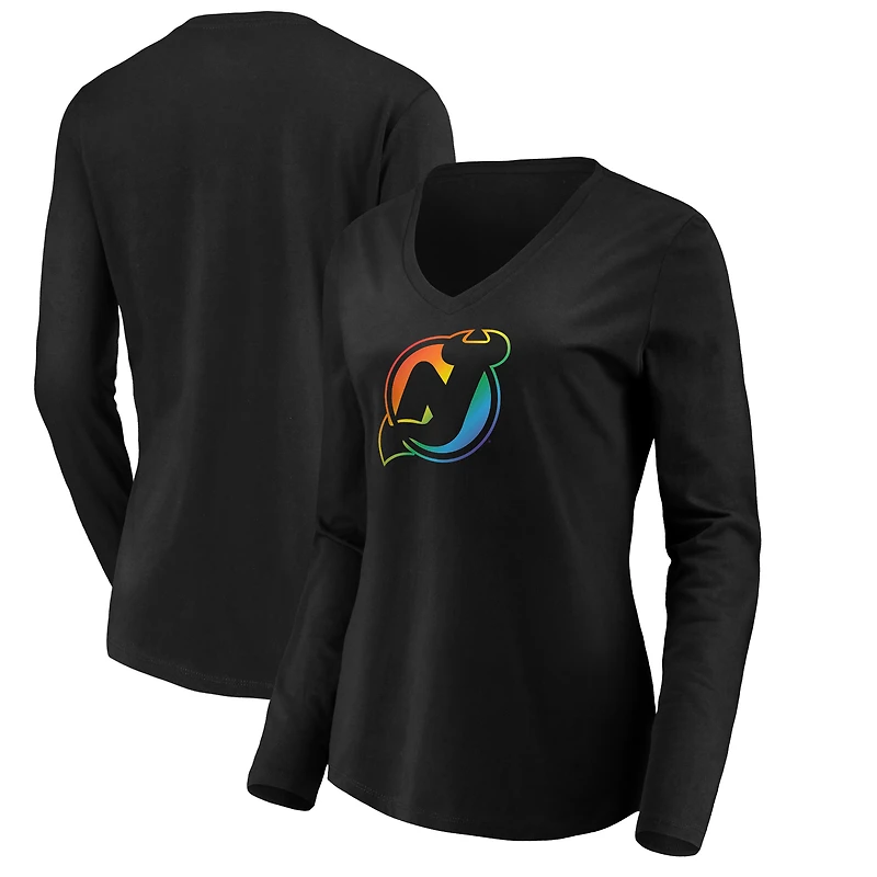 Women's Black New Jersey Devils Team Pride Logo Long Sleeve V-Neck T-Shirt