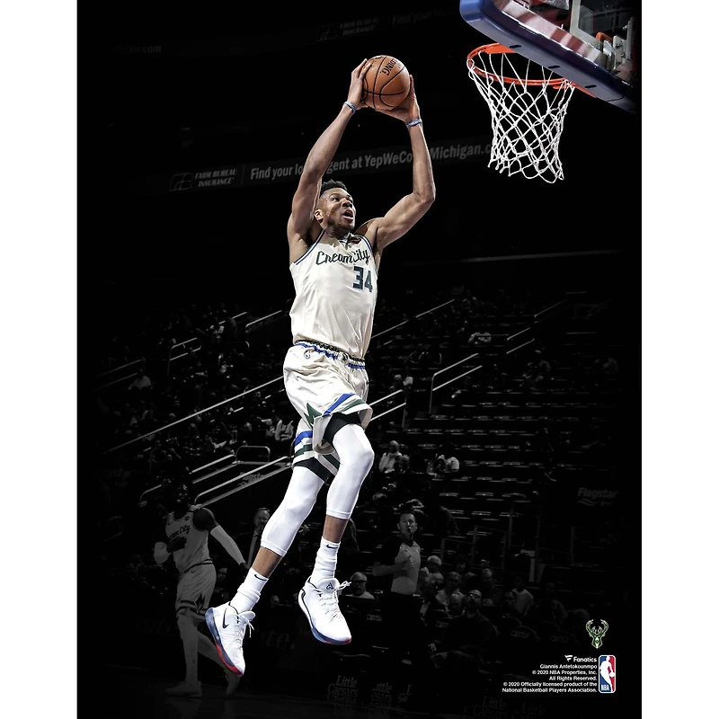 Giannis Antetokounmpo Milwaukee Bucks Fanatics Authentic Unsigned Dunk White Jersey Spotlight Photograph
