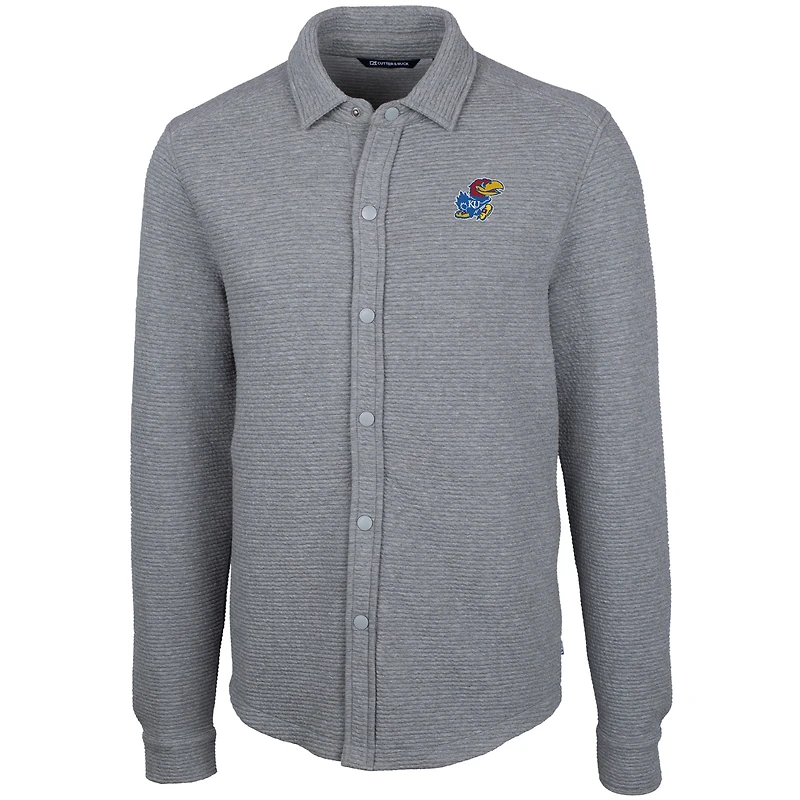 Men's Cutter & Buck Heather Gray Kansas Jayhawks Coastal Button-Up Shirt Jacket