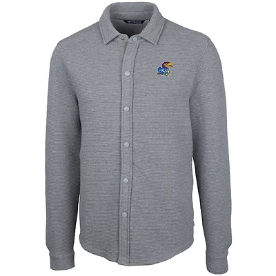 Men's Cutter & Buck Heather Gray Kansas Jayhawks Coastal Button-Up Shirt Jacket