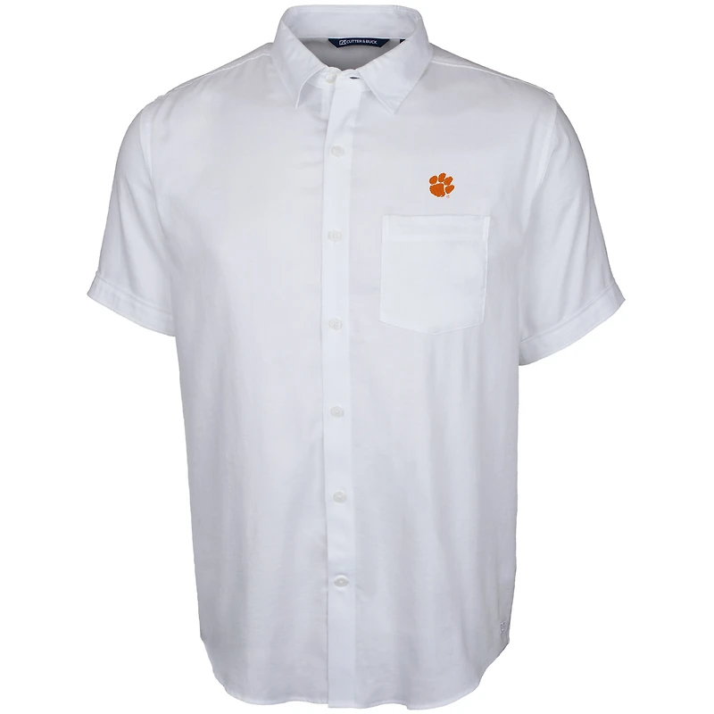 Men's Cutter & Buck White Clemson Tigers Windward Twill Button-Up Short Sleeve Shirt