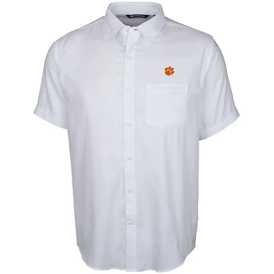 Men's Cutter & Buck White Clemson Tigers Windward Twill Button-Up Short Sleeve Shirt