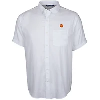 Men's Cutter & Buck White Clemson Tigers Windward Twill Button-Up Short Sleeve Shirt