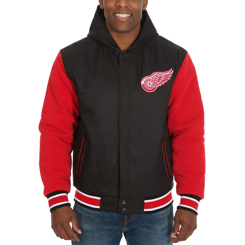Men's JH Design Black/Red Detroit Red Wings Reversible Poly-Twill Full-Snap Hoodie