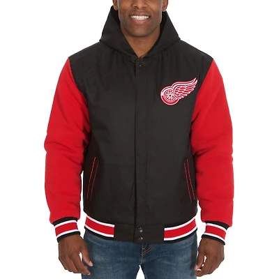 Men's JH Design Black/Red Detroit Red Wings Reversible Poly-Twill Full-Snap Hoodie