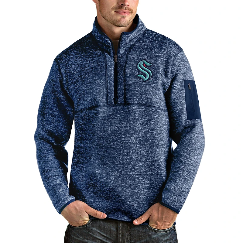 Men's Antigua Heather Deep Sea Blue Seattle Kraken Fortune Half-Zip Pullover Jacket