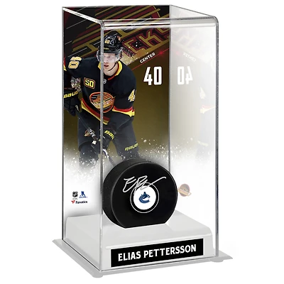 Elias Pettersson Vancouver Canucks Autographed Puck with Black Alternate Jersey Deluxe Tall Hockey Puck Display Case