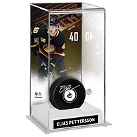 Elias Pettersson Vancouver Canucks Autographed Puck with Black Alternate Jersey Deluxe Tall Hockey Puck Display Case