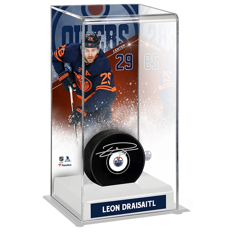 Leon Draisaitl Edmonton Oilers Autographed Puck with Navy Alternate Jersey Deluxe Tall Hockey Puck Display Case