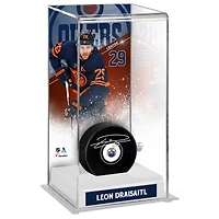 Leon Draisaitl Edmonton Oilers Autographed Puck with Navy Alternate Jersey Deluxe Tall Hockey Puck Display Case